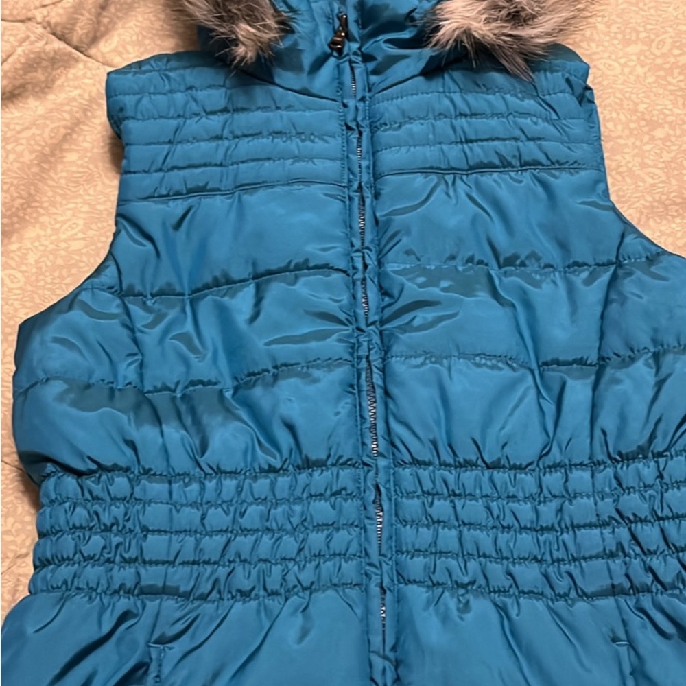 New York & Company Teal Blue Puffer Vest with Faux Fur Trim
